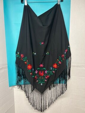 Black Floral Embroidered triangular Fringe flamenco Shawl - Women Accessories